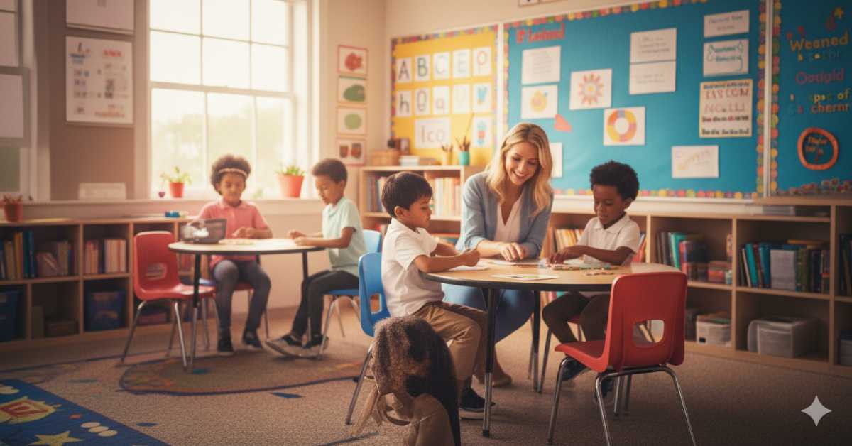 Docente aplicando una estrategia de lectura para un niño con dislexia en un aula inclusiva.
