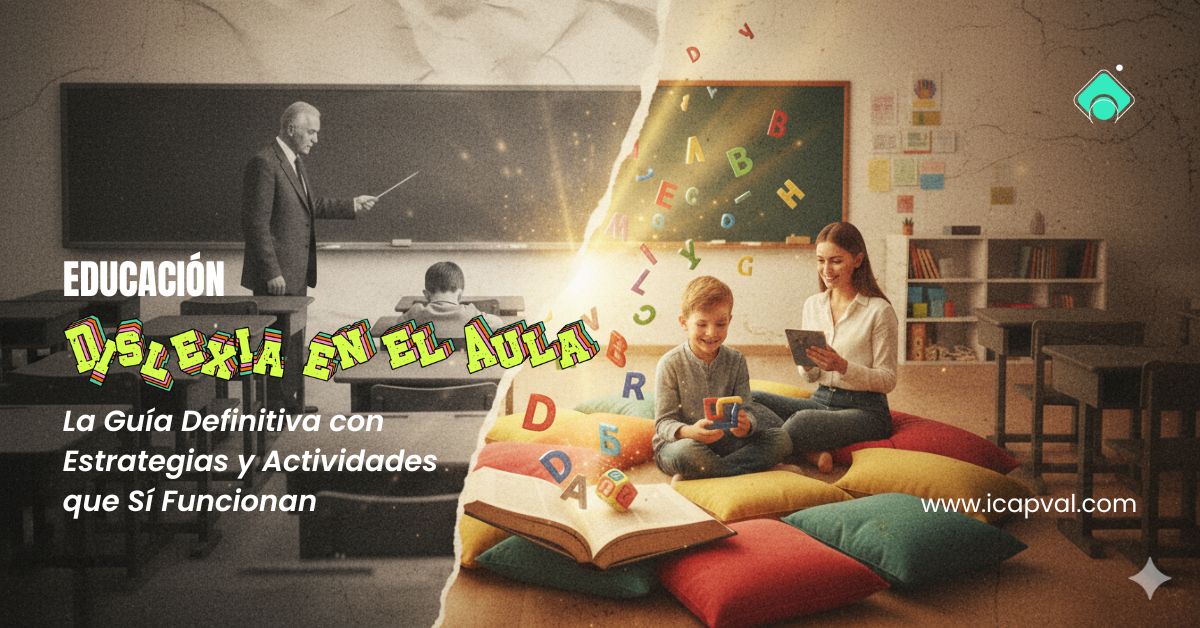 Docente aplicando una estrategia de lectura para un niño con dislexia en un aula inclusiva.